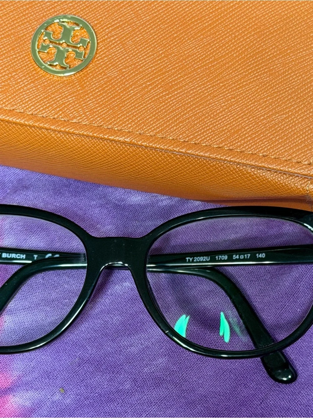 Tory Burch Black Cat-Eye Glasses with Orange Case and Gold Logo